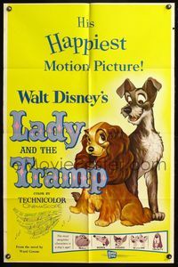 4y483 LADY & THE TRAMP 1sh R62 Walt Disney romantic canine classic cartoon!