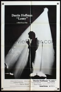 4y501 LENNY 1sh '74 cool silhouette image of Dustin Hoffman as comedian Lenny Bruce at microphone!