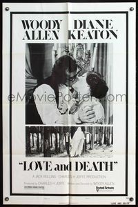 4y521 LOVE & DEATH style B 1sh '75 Woody Allen & Diane Keaton romantic kiss close up!