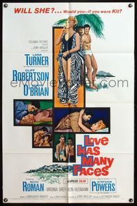 4y523 LOVE HAS MANY FACES 1sh '65 art of sexy smoking Lana Turner & barechested Cliff Robertson!