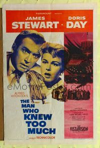 4y556 MAN WHO KNEW TOO MUCH 1sh '56 Alfred Hitchcock, Jimmy Stewart, Doris Day!