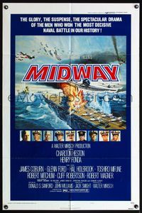 4y583 MIDWAY style B 1sh '76 Charlton Heston, Henry Fonda, dramatic naval battle art!
