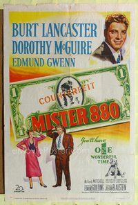 4y593 MISTER 880 1sh '50 art of Burt Lancaster, Dorothy McGuire & counterfeit money!