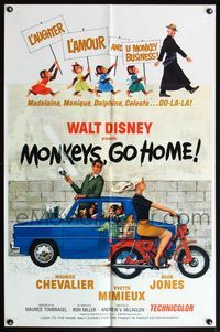 4y596 MONKEYS GO HOME 1sh '67 Disney, art of Maurice Chevalier, Yvette Mimieux & apes!