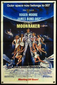 4y603 MOONRAKER advance 1sh '79 art of Roger Moore as James Bond & sexy babes by Gouzee!