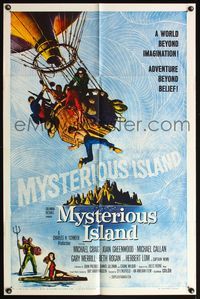 4y626 MYSTERIOUS ISLAND 1sh '61 Ray Harryhausen, Jules Verne sci-fi, cool hot-air balloon image!