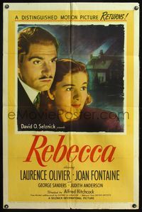 4y717 REBECCA 1sh R46 Alfred Hitchcock, close up of Laurence Olivier & Joan Fontaine!
