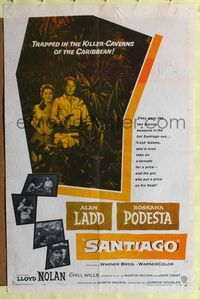 4y754 SANTIAGO 1sh '56 artwork of Alan Ladd with gun & Rossana Podesta in the jungle!