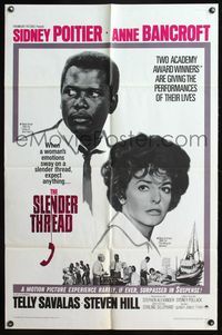 4y784 SLENDER THREAD 1sh '66 Sidney Poitier keeps Anne Bancroft from committing suicide!