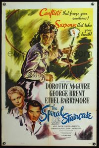 4y808 SPIRAL STAIRCASE 1sh R54 art of Dorothy McGuire, George Brent & Ethel Barrymore!