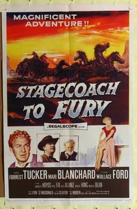 4y810 STAGECOACH TO FURY 1sh '56 pretty Marie Blanchard & Forrest Tucker in magnificent adventure!