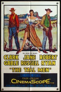 4y837 TALL MEN 1sh '55 full-length art of Clark Gable, sexy Jane Russell showing leg & Robert Ryan!