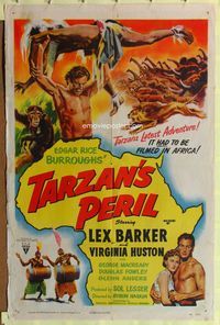 4y844 TARZAN'S PERIL style A 1sh '51 Lex Barker in the title role, it had to be filmed in Africa!
