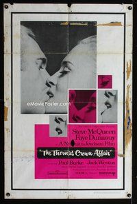 4y873 THOMAS CROWN AFFAIR 1sh '68 Steve McQueen & Faye Dunaway kiss close up!