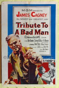 4y906 TRIBUTE TO A BAD MAN 1sh '56 great art of cowboy James Cagney & pretty Irene Papas!