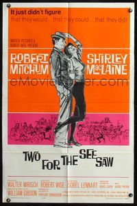 4y917 TWO FOR THE SEESAW 1sh '62 cool art of Robert Mitchum & beatnik Shirley MacLaine!