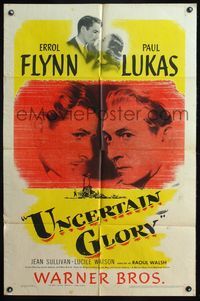 4y920 UNCERTAIN GLORY 1sh '44 art of French Errol Flynn face-to-face with Nazi Paul Lukas!