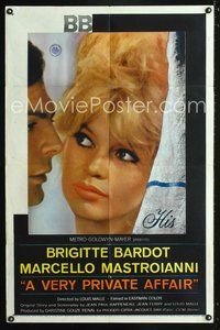 4y926 VERY PRIVATE AFFAIR 1sh '62 Vie Privee, great portrait image of sexiest Brigitte Bardot!