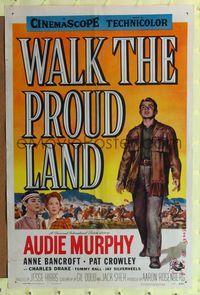 4y943 WALK THE PROUD LAND style A 1sh '56 art of Audie Murphy & Native American Anne Bancroft!