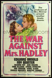 4y946 WAR AGAINST MRS HADLEY 1sh '42 dramatic World War II art w/Edward Arnold & Fay Bainter!