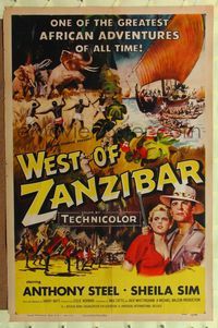 4y960 WEST OF ZANZIBAR 1sh '54 Anthony Steel, Sheila Sim, safari adventure, elephants!
