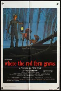 4y966 WHERE THE RED FERN GROWS 1sh '74 great art of boy & dogs in forest by Ralph McQuarrie!
