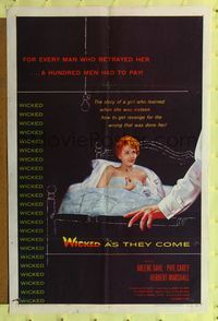 4y972 WICKED AS THEY COME 1sh '56 directed by Ken Hughes, sexy bad girl Arlene Dahl in bed!