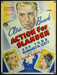 4z001 ACTION FOR SLANDER English 1sh '38 stone litho of Clive Brook + Ann Todd on playing card!