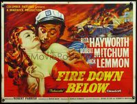 4z141 FIRE DOWN BELOW British quad '57 different art of sexy Rita Hayworth & Mitchum by Pulford!