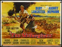 4z461 UNFORGIVEN British quad '60 different art of Burt Lancaster & Audrey Hepburn, John Huston