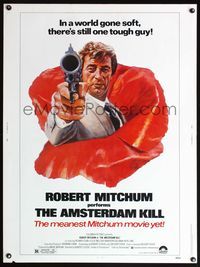 5a388 AMSTERDAM KILL 30x40 '78 John Solie artwork of tough guy Robert Mitchum pointing revolver!