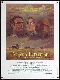 5a445 COMES A HORSEMAN 30x40 '78 cool art of James Caan, Jane Fonda & Jason Robards in the sky!