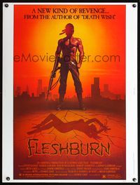 5a489 FLESHBURN 30x40 '84 a new kind of revenge, wild art of man with M-16 & sexy silhouette!