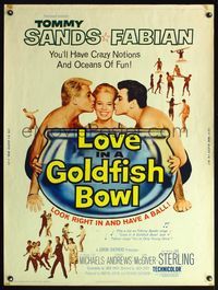 5a576 LOVE IN A GOLDFISH BOWL 30x40 '61 great close up of Tommy Sands & Fabian kissing pretty girl!