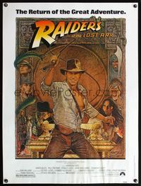 5a657 RAIDERS OF THE LOST ARK 30x40 R82 great art of adventurer Harrison Ford by Richard Amsel!