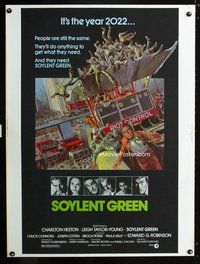 5a691 SOYLENT GREEN 30x40 '73 art of Charlton Heston trying to escape riot control by John Solie!