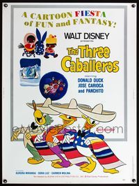 5a734 THREE CABALLEROS 30x40 R77 great artwork of Donald Duck, Panchito & Joe Carioca!