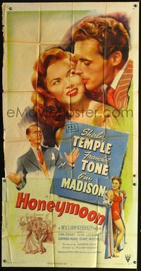 5b203 HONEYMOON 3sh '47 great artwork of newlyweds Shirley Temple & Guy Madison in Mexico!