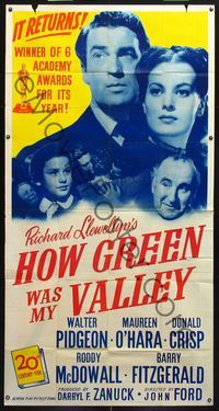 5b210 HOW GREEN WAS MY VALLEY 3sh R46 directed by John Ford, photo of top cast, Best Picture 1941!