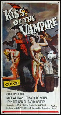 5b226 KISS OF THE VAMPIRE 3sh '63 Hammer, cool art of devil bats attacking by Joseph Smith!