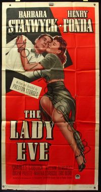5b227 LADY EVE 3sh R49 Preston Sturges, full-length sexy Barbara Stanwyck with Henry Fonda!