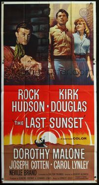5b230 LAST SUNSET 3sh '61 Rock Hudson, Kirk Douglas, Dorothy Malone, directed by Robert Aldrich!