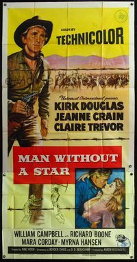 5b252 MAN WITHOUT A STAR 3sh '55 full-length art of cowboy Kirk Douglas pointing gun, Jeanne Crain