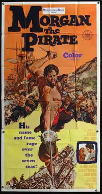 5b260 MORGAN THE PIRATE int'l 3sh '61 cool art of barechested swashbuckler Steve Reeves!