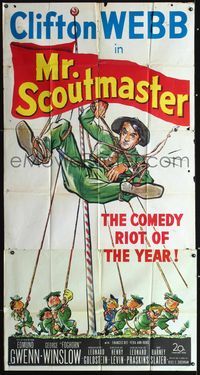 5b262 MR SCOUTMASTER 3sh '53 great artwork of Clifton Webb tied up by lots of Boy Scouts!