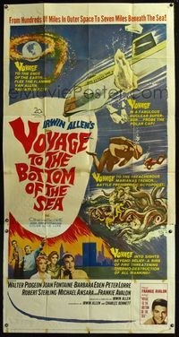 5b350 VOYAGE TO THE BOTTOM OF THE SEA 3sh '61 fantasy sci-fi art of scuba divers & monster!