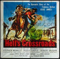 5b028 HELL'S CROSSROADS 6sh '57 Stephen McNally as Jesse James on horse grabbing sexy Peggy Castle!