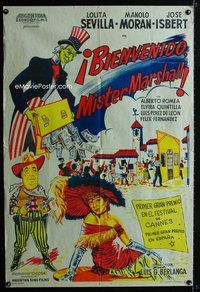 5b389 BIENVENIDO MISTER MARSHALL Argentinean '53 wacky art of Uncle Sam showering town with cash!