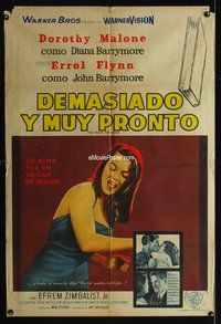 5b581 TOO MUCH, TOO SOON Argentinean '58 Errol Flynn, sexy Dorothy Malone as Diana Barrymore!