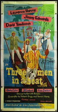 5b083 THREE MEN IN A BOAT English 3sh '56 Laurence Harvey, wacky art of cast on gondola!